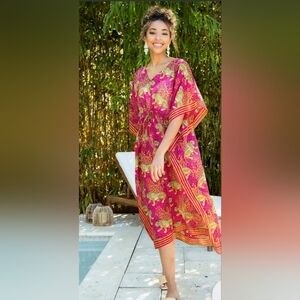 NWOT Printfresh Let's Cruise Bagherra Caftan In Hot Pink, Size OS
